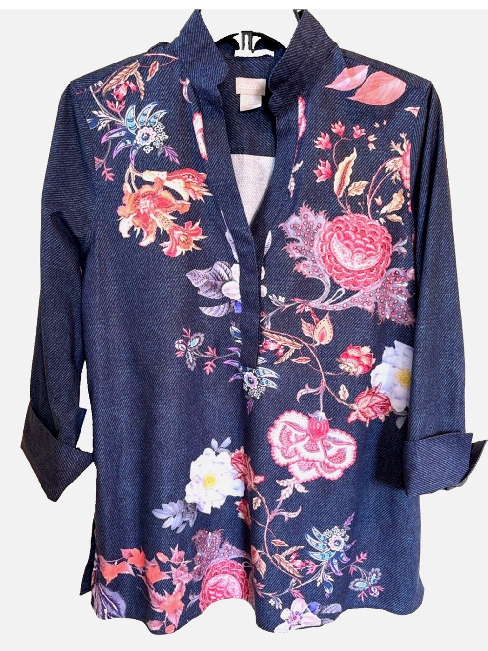 Chico’s No Iron Floral Stretch Shirt Size 0.5 US 6 Cotton Tunic Blouse